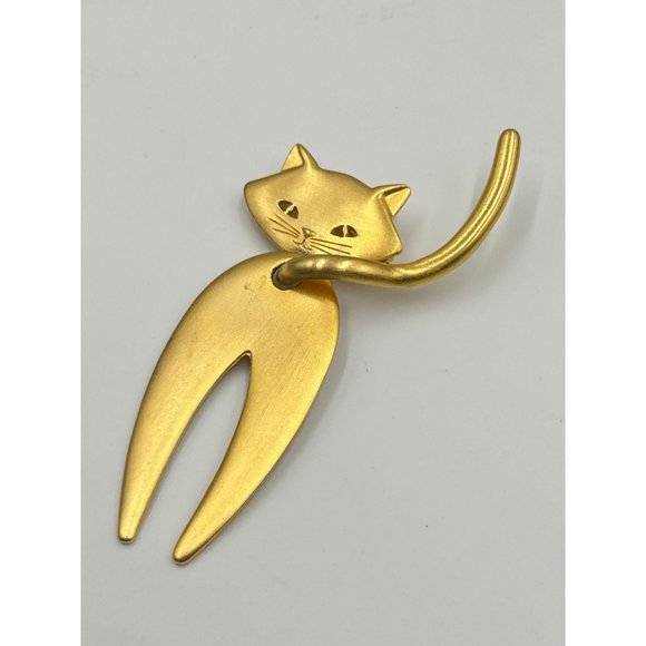Vintage JJ Cat Brooch Matte Gold Tone Oversized Cat Articulated Tail Large Pin - Picture 3 of 6